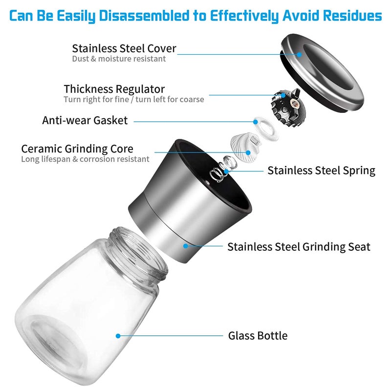 Herda Salt and Pepper Grinder - Refillable 304 Brushed Stainless Steel Shaker - Adjustable Ceramic Sea Salt & Pepper Grinder - Tall Glass Salt- Pepper Mill & Salt Mill (2Pcs) - Image 4